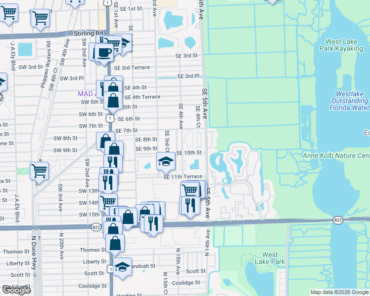 map of restaurants, bars, coffee shops, grocery stores, and more near 713 Southeast 3rd Lane in Dania Beach