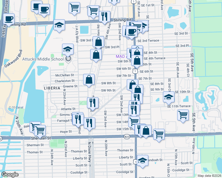 map of restaurants, bars, coffee shops, grocery stores, and more near 223 Southwest 8th Street in Dania Beach