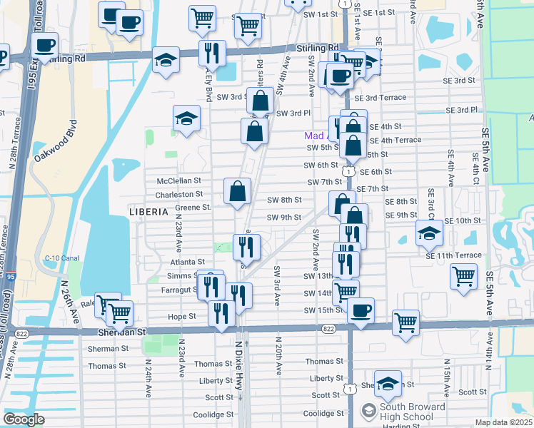 map of restaurants, bars, coffee shops, grocery stores, and more near 262 Southwest 9th Street in Dania Beach
