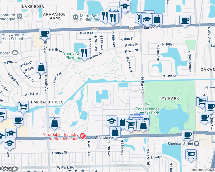 map of restaurants, bars, coffee shops, grocery stores, and more near 3705 Westminster Street in Hollywood