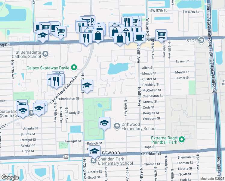 map of restaurants, bars, coffee shops, grocery stores, and more near 275 Gate Road in Hollywood