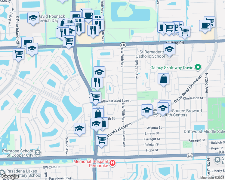 map of restaurants, bars, coffee shops, grocery stores, and more near 3448 Northwest 79th Way in Hollywood