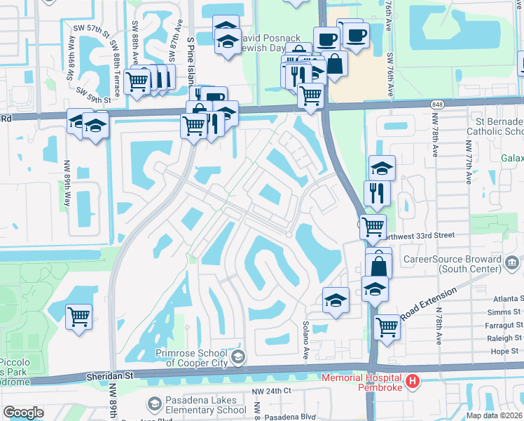 map of restaurants, bars, coffee shops, grocery stores, and more near 8378 Northwest 39th Court in Pembroke Pines
