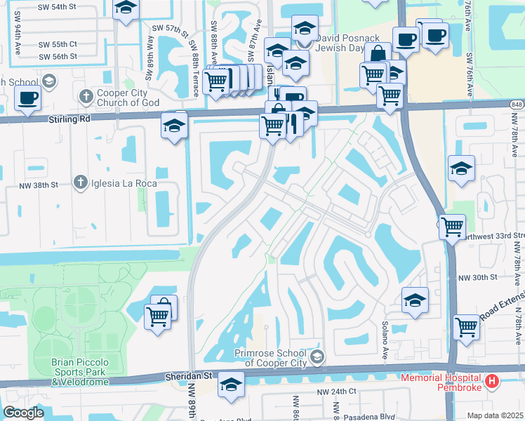 map of restaurants, bars, coffee shops, grocery stores, and more near 3758 Northwest 85th Terrace in Pembroke Pines
