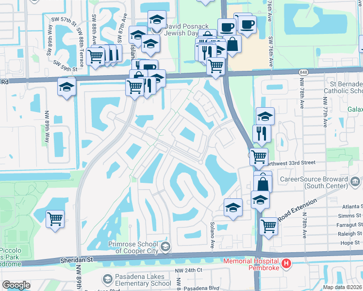 map of restaurants, bars, coffee shops, grocery stores, and more near 8378 Northwest 39th Court in Pembroke Pines