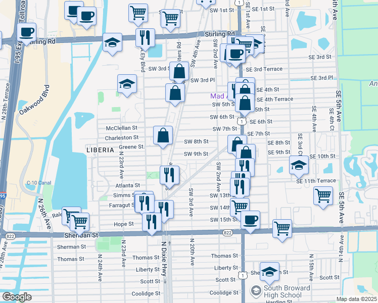 map of restaurants, bars, coffee shops, grocery stores, and more near 262 Southwest 9th Street in Dania Beach