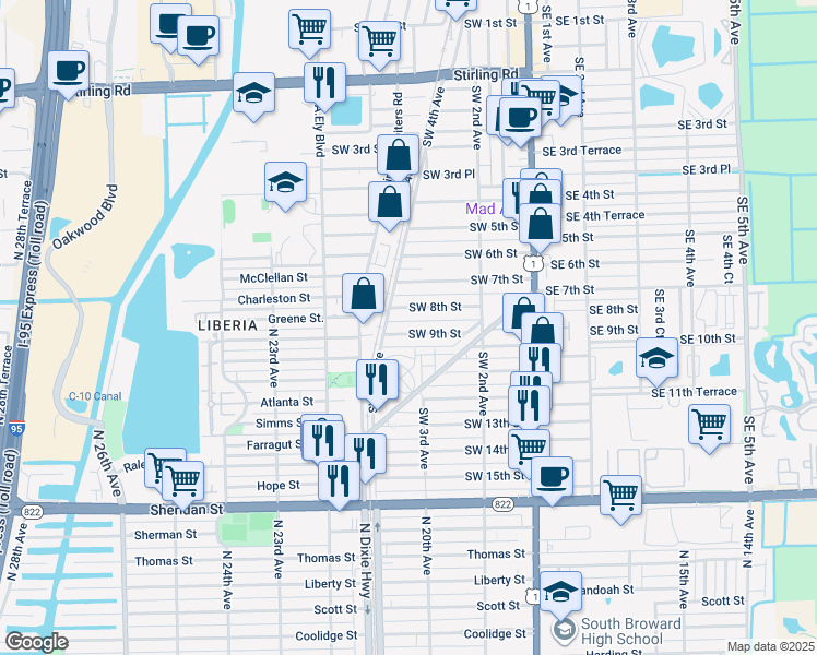 map of restaurants, bars, coffee shops, grocery stores, and more near 262 Southwest 9th Street in Dania Beach