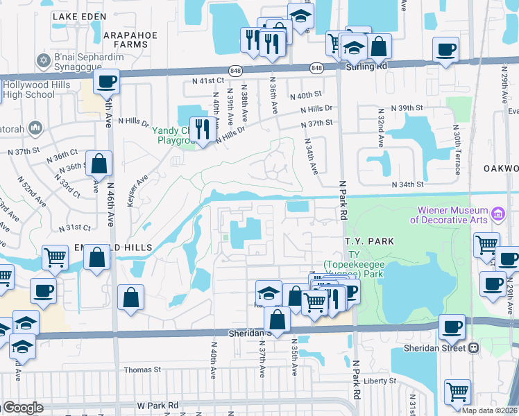 map of restaurants, bars, coffee shops, grocery stores, and more near 3705 Westminster Street in Hollywood