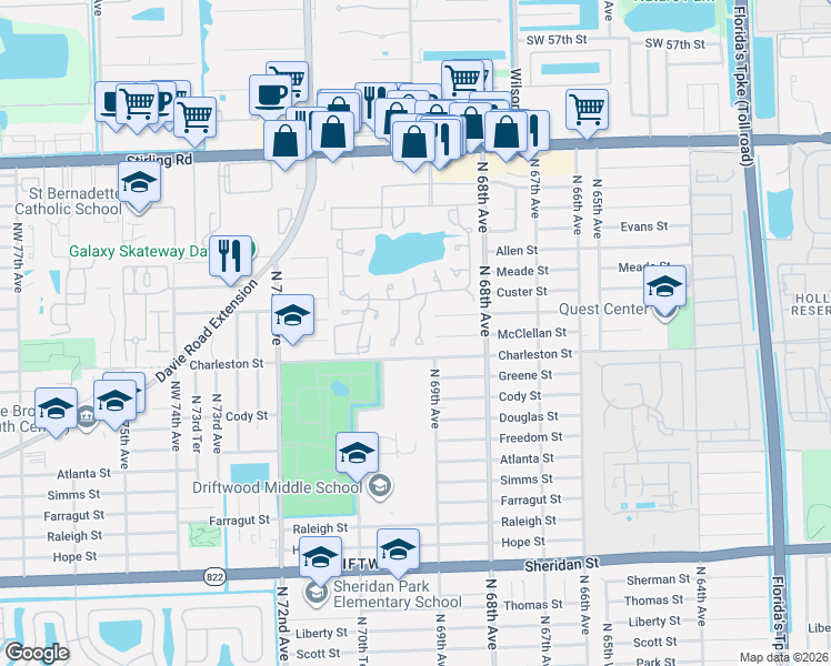 map of restaurants, bars, coffee shops, grocery stores, and more near 121 Essex Road in Hollywood