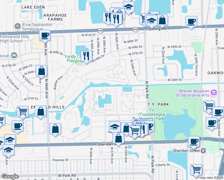 map of restaurants, bars, coffee shops, grocery stores, and more near 3705 Westminster Street in Hollywood