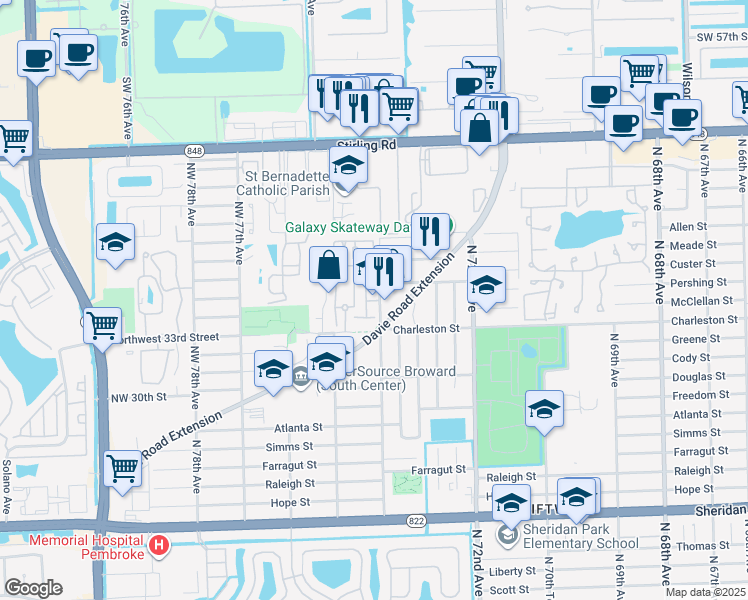 map of restaurants, bars, coffee shops, grocery stores, and more near 7373 Davie Road Extension in Hollywood