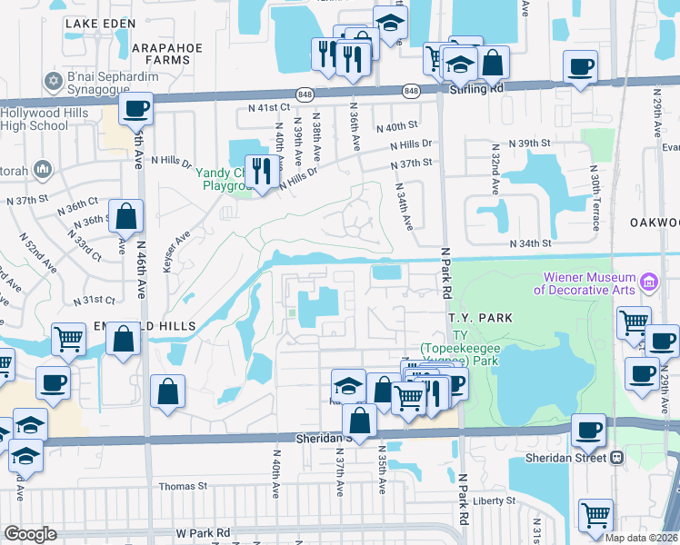 map of restaurants, bars, coffee shops, grocery stores, and more near 3705 Westminster Street in Hollywood