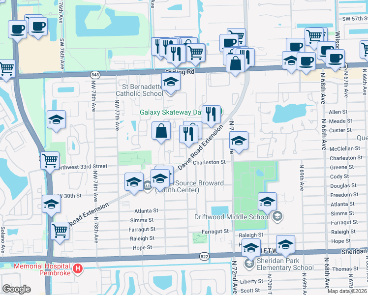 map of restaurants, bars, coffee shops, grocery stores, and more near 7373 Davie Road Extension in Hollywood
