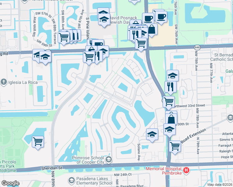 map of restaurants, bars, coffee shops, grocery stores, and more near 8378 Northwest 39th Court in Pembroke Pines