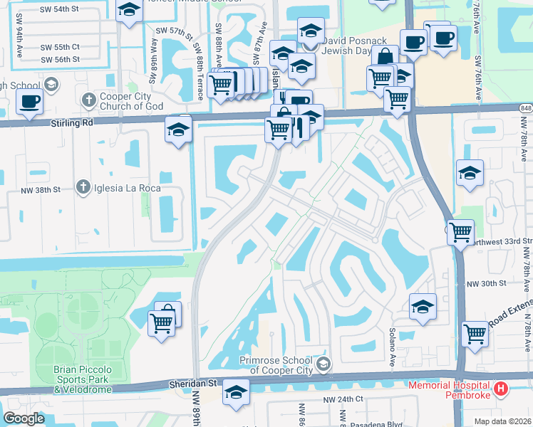 map of restaurants, bars, coffee shops, grocery stores, and more near 3758 Northwest 85th Terrace in Pembroke Pines