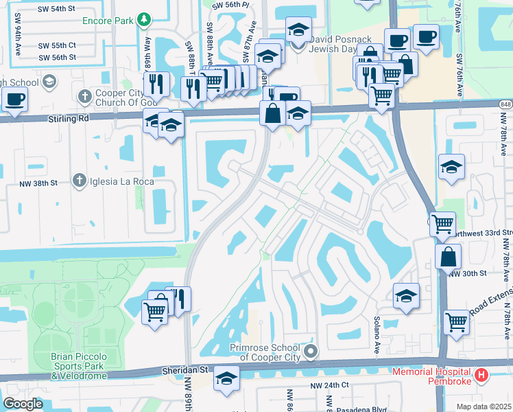 map of restaurants, bars, coffee shops, grocery stores, and more near 3758 Northwest 85th Terrace in Pembroke Pines