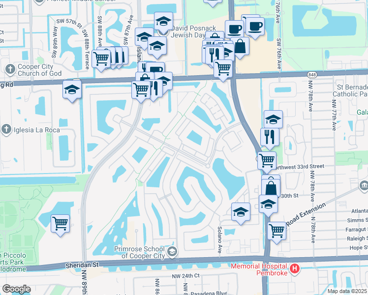 map of restaurants, bars, coffee shops, grocery stores, and more near 8378 Northwest 39th Court in Pembroke Pines