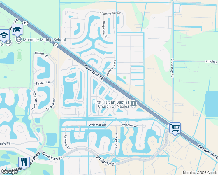 map of restaurants, bars, coffee shops, grocery stores, and more near Paradise Drive in Naples