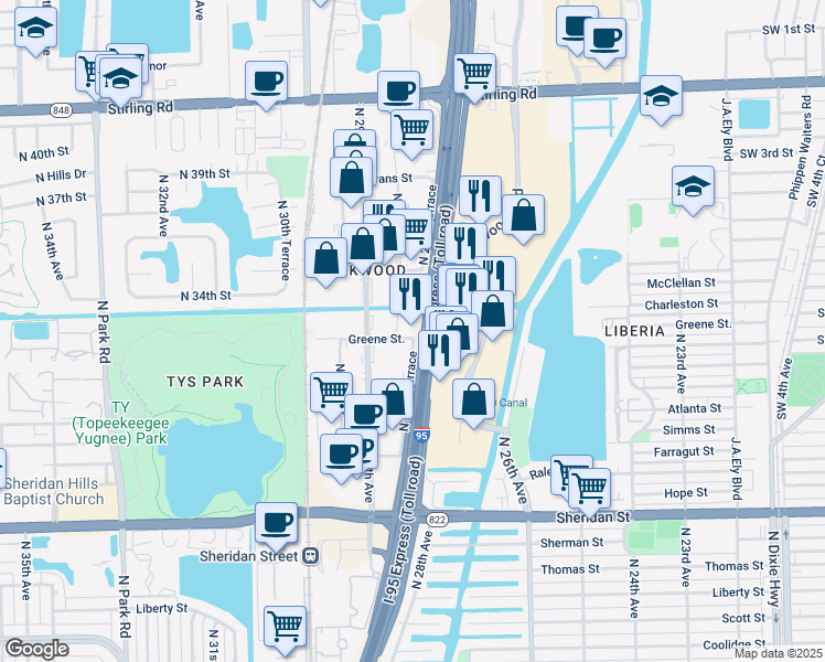 map of restaurants, bars, coffee shops, grocery stores, and more near 2801 Greene Street in Hollywood