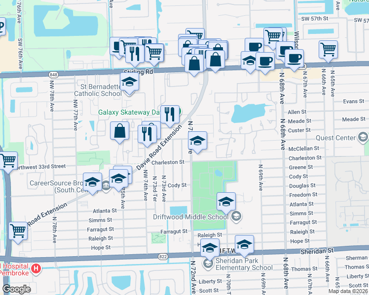 map of restaurants, bars, coffee shops, grocery stores, and more near 3421 North 72nd Terrace in Hollywood