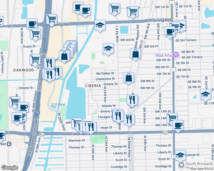 map of restaurants, bars, coffee shops, grocery stores, and more near 2302 Greene Street in Hollywood