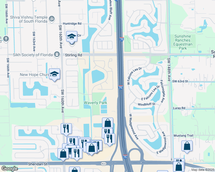 map of restaurants, bars, coffee shops, grocery stores, and more near 15510 Queens Grant Court in Davie