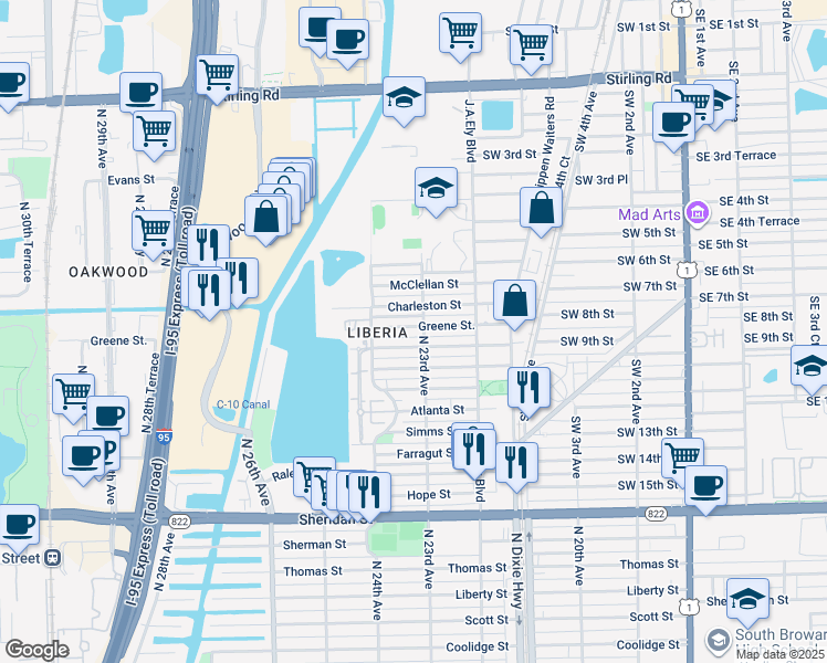 map of restaurants, bars, coffee shops, grocery stores, and more near 2302 Greene Street in Hollywood