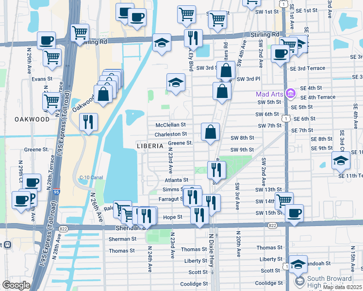 map of restaurants, bars, coffee shops, grocery stores, and more near 2230 Greene Street in Hollywood