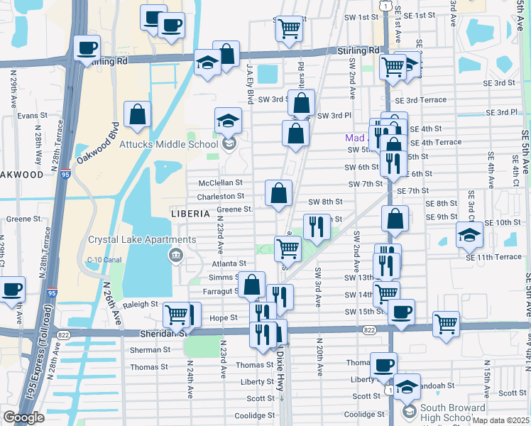 map of restaurants, bars, coffee shops, grocery stores, and more near 717 Southwest 8th Street in Dania Beach