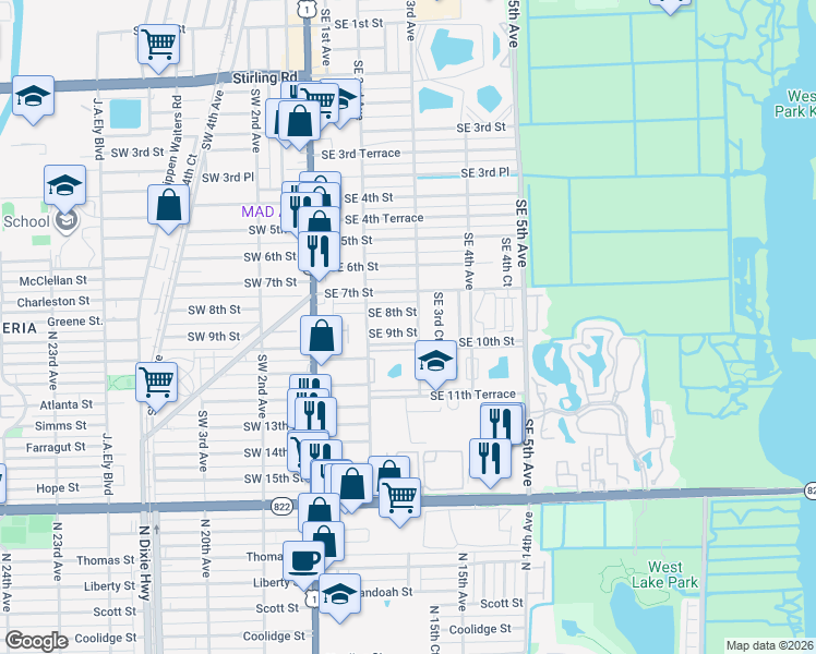 map of restaurants, bars, coffee shops, grocery stores, and more near 231 Southeast 9th Street in Dania Beach