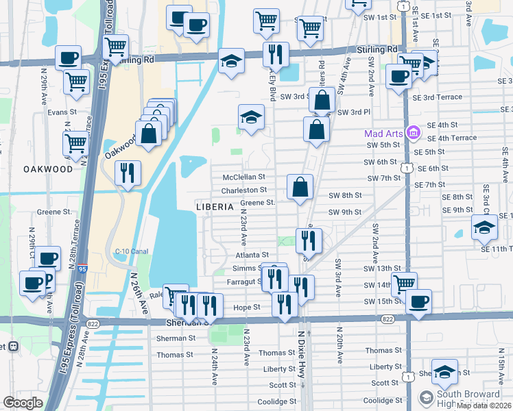 map of restaurants, bars, coffee shops, grocery stores, and more near 2230 Greene Street in Hollywood