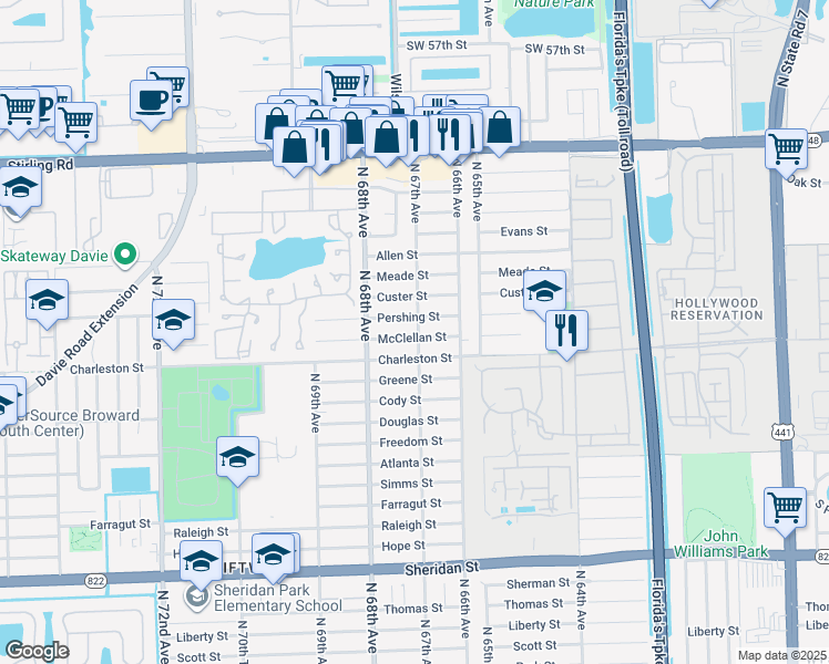 map of restaurants, bars, coffee shops, grocery stores, and more near 6701 McClellan Street in Hollywood