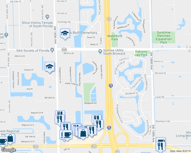 map of restaurants, bars, coffee shops, grocery stores, and more near 15520 Queens Grant Court in Davie
