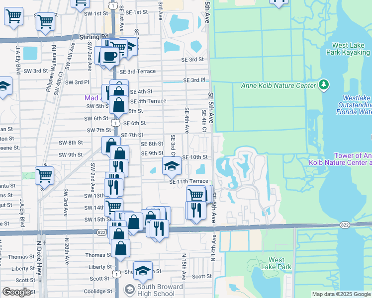 map of restaurants, bars, coffee shops, grocery stores, and more near 713 Southeast 3rd Lane in Dania Beach