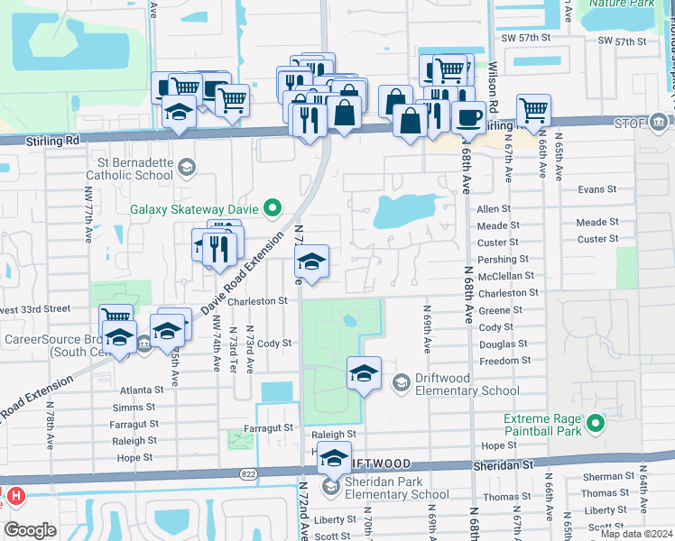 map of restaurants, bars, coffee shops, grocery stores, and more near 7100 Pershing Street in Hollywood