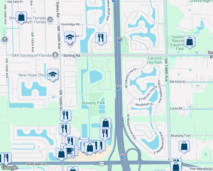 map of restaurants, bars, coffee shops, grocery stores, and more near 15520 Queens Grant Court in Davie