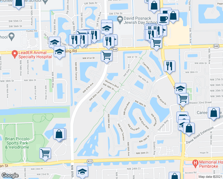 map of restaurants, bars, coffee shops, grocery stores, and more near 8516 Northwest 38th Street in Hollywood