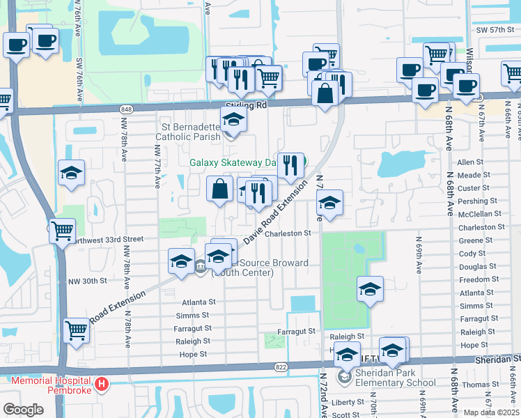 map of restaurants, bars, coffee shops, grocery stores, and more near 7373 Davie Road Extension in Hollywood