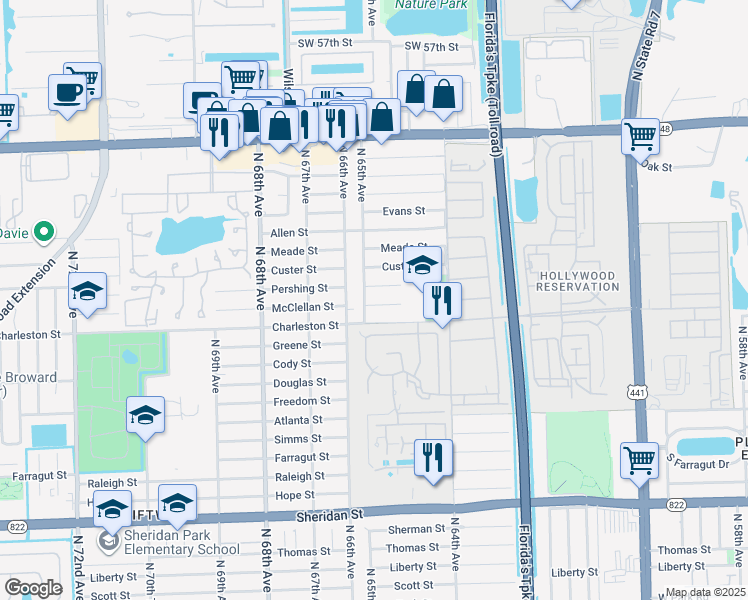map of restaurants, bars, coffee shops, grocery stores, and more near 6467 McClellan Street in Hollywood