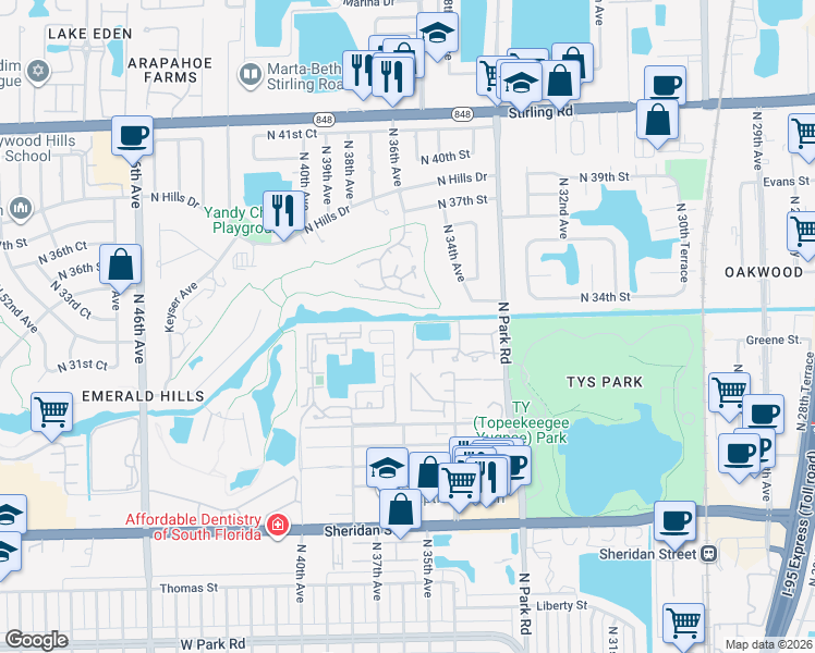 map of restaurants, bars, coffee shops, grocery stores, and more near 3553 Arbor Lane in Hollywood