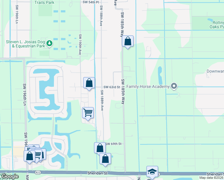 map of restaurants, bars, coffee shops, grocery stores, and more near 6301 Southwest 186th Way in Southwest Ranches