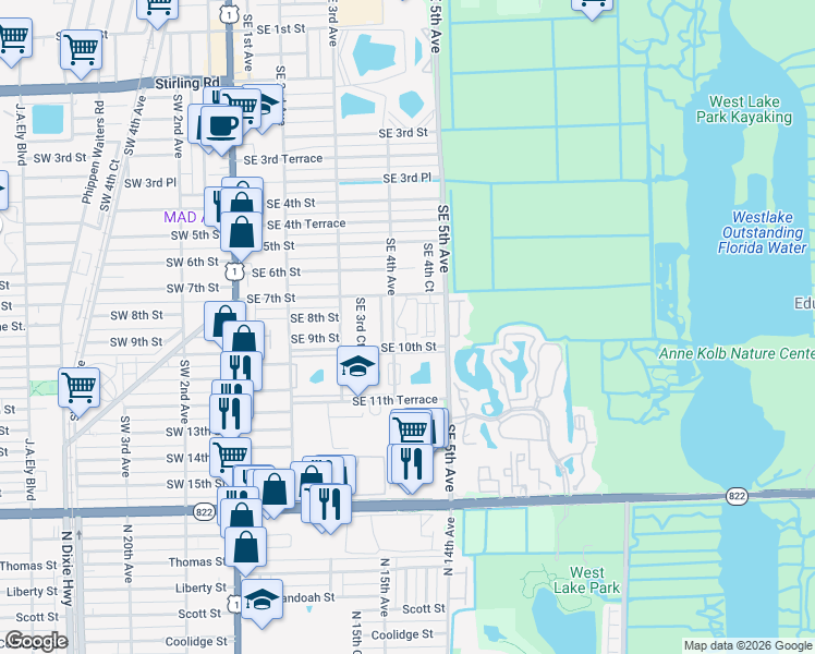 map of restaurants, bars, coffee shops, grocery stores, and more near 441 Southeast 10th Street in Dania Beach