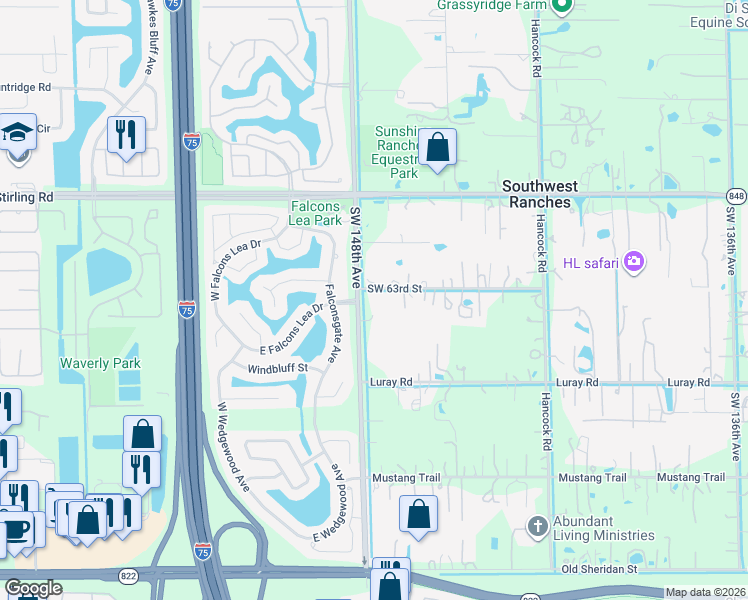 map of restaurants, bars, coffee shops, grocery stores, and more near 14750 Southwest 63rd Street in Southwest Ranches