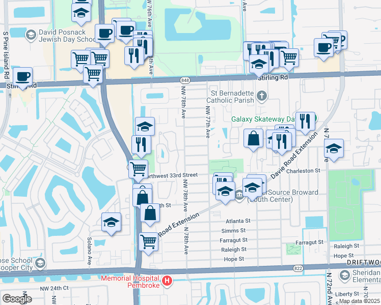 map of restaurants, bars, coffee shops, grocery stores, and more near 7771 Northwest 35th Street in Hollywood