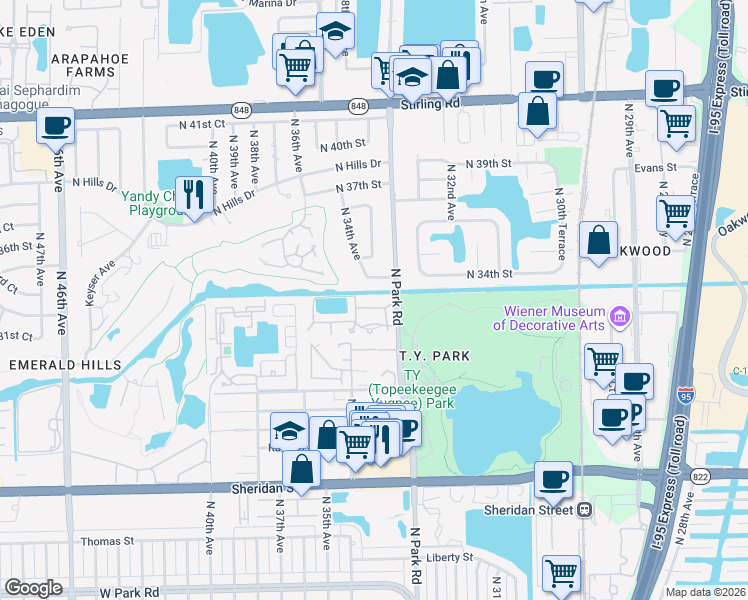 map of restaurants, bars, coffee shops, grocery stores, and more near 3300 North Park Road in Hollywood