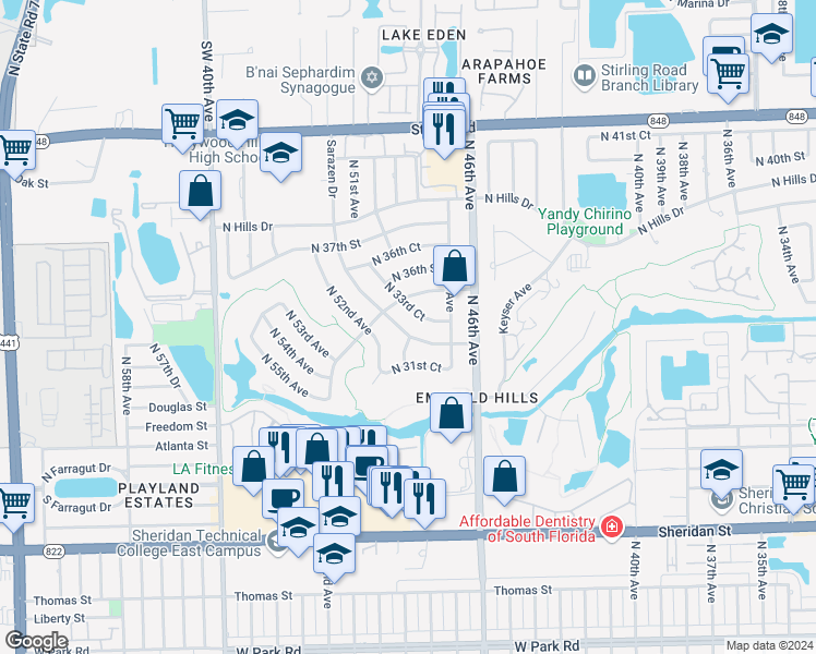 map of restaurants, bars, coffee shops, grocery stores, and more near 4861 Sarazen Drive in Hollywood