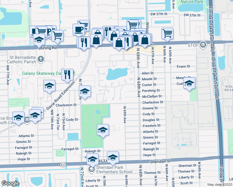 map of restaurants, bars, coffee shops, grocery stores, and more near 121 Essex Road in Hollywood
