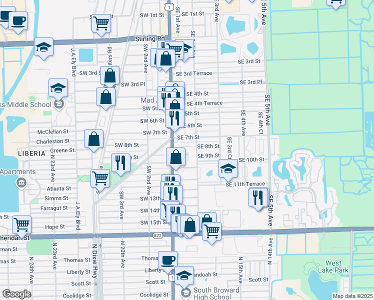 map of restaurants, bars, coffee shops, grocery stores, and more near 36 Southeast 8th Street in Dania Beach