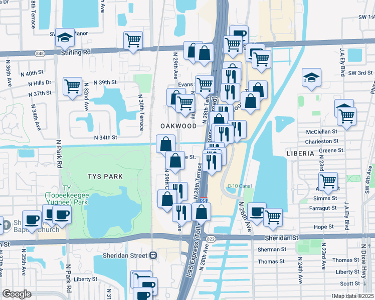 map of restaurants, bars, coffee shops, grocery stores, and more near 2801 Greene Street in Hollywood
