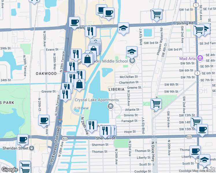 map of restaurants, bars, coffee shops, grocery stores, and more near 2400 Charleston Street in Hollywood